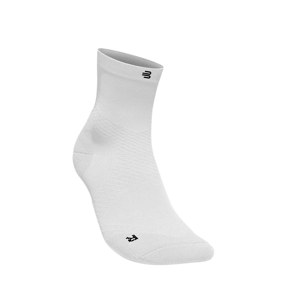 Pair of Bauerfeind Run Ultralight Mid Cut running socks in white, angled front view