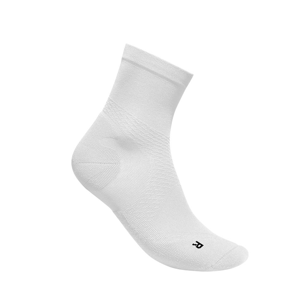 Side view of the Bauerfeind Run Ultralight mid cut running sock showing the Infinity Zone arch support